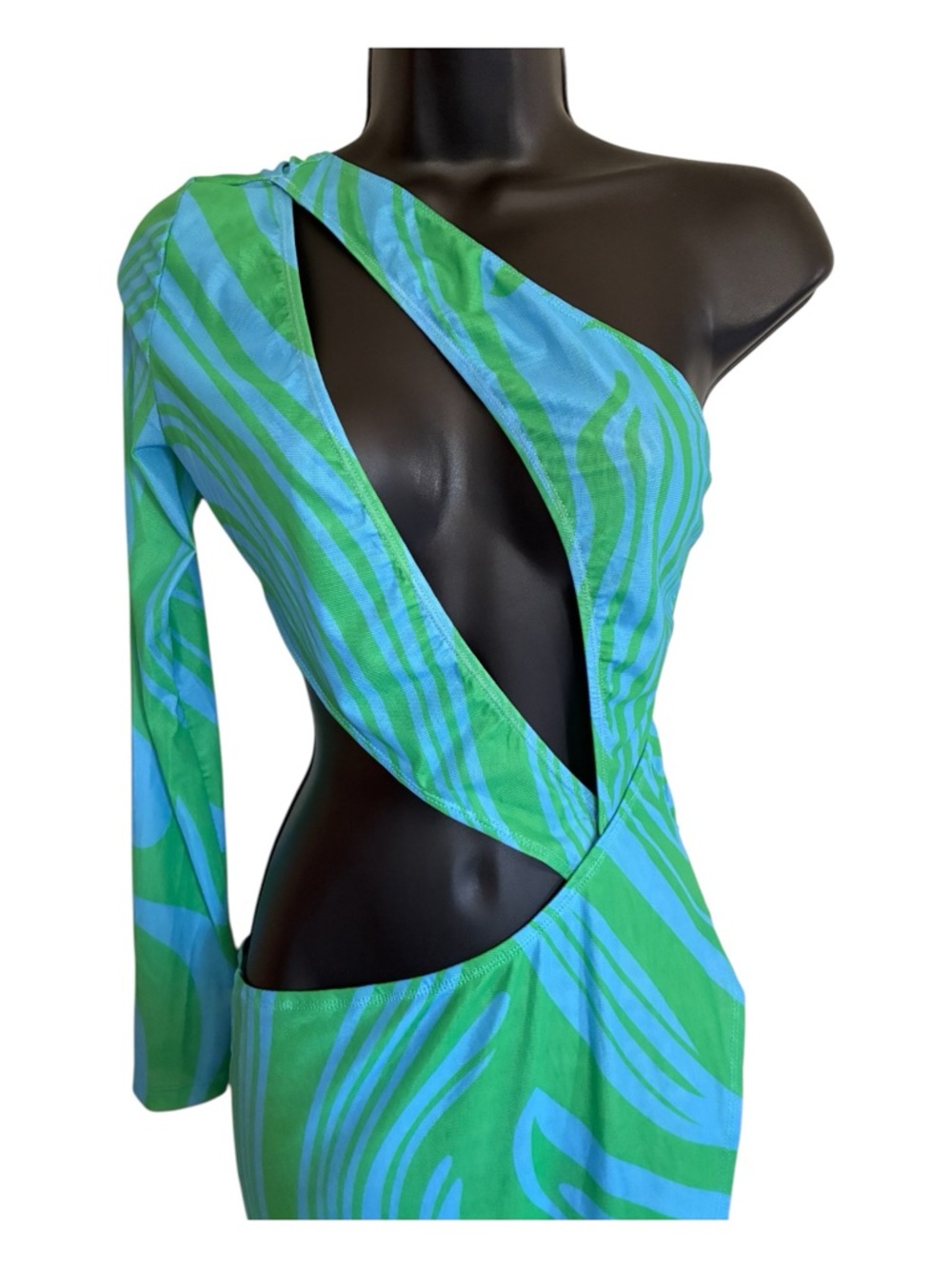 NWT Sorelle UK Green & Blue Cutout One-Shoulder Maxi Dress - Size S - Picture 2 of 10